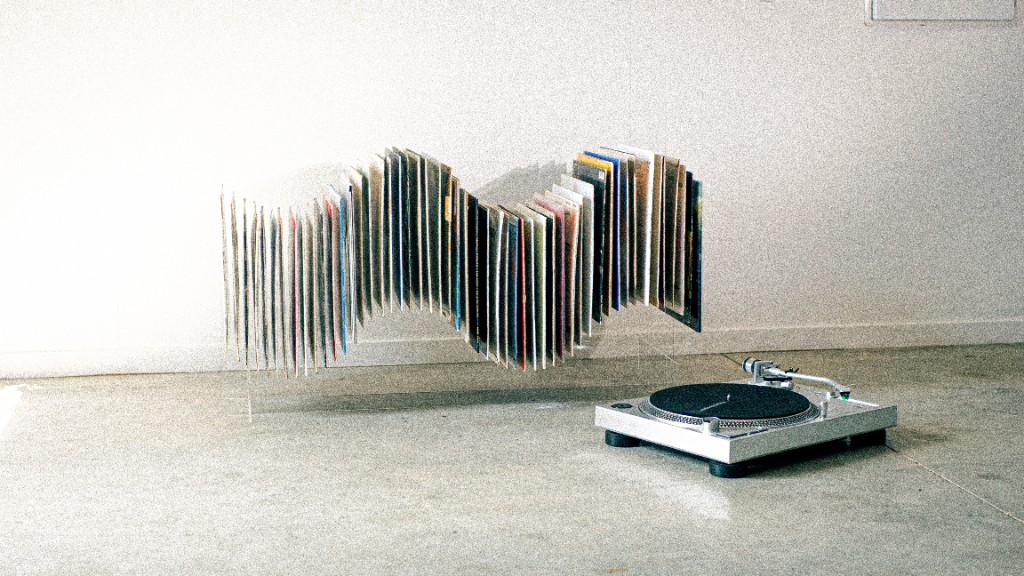 Licorice Locker Sound Wave display with records in a wave formation and turntable